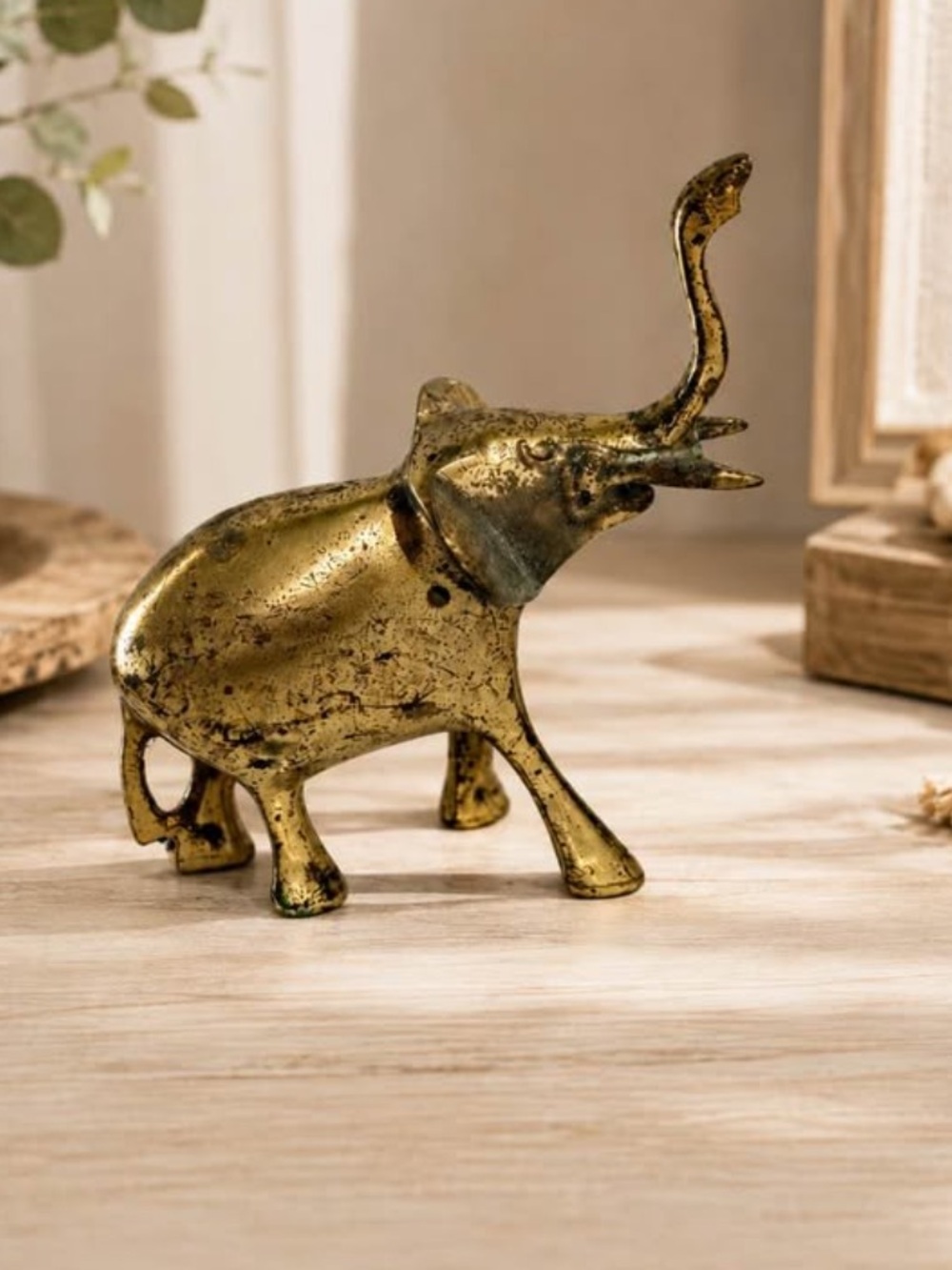 Vintage Brass Elephant Figurine Raised Trunk Good Luck Statue Patina Decor